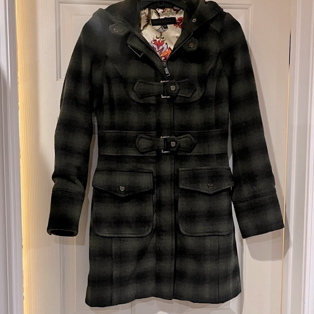 Steve Madden hooded Black Plaid Trench Coat